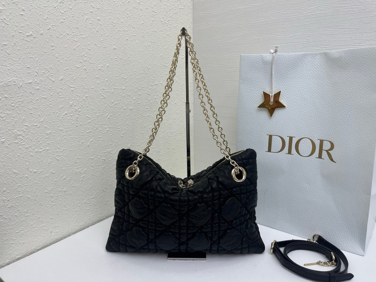 CD Small Cannage Quilted Tote Bag Black Cowhide 158103