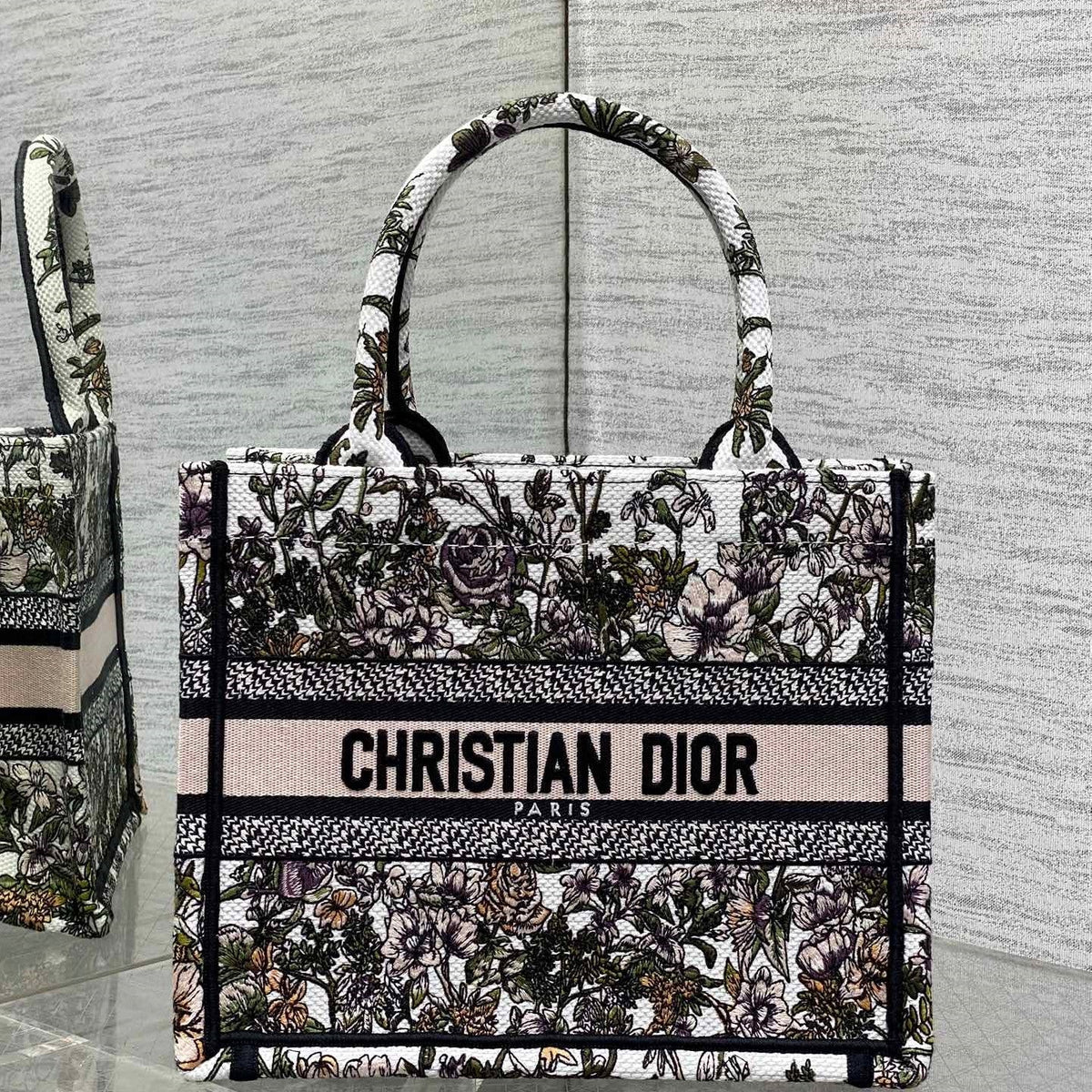 CD Small Dior Book Tote Full Floral Motif White Pink Cotton