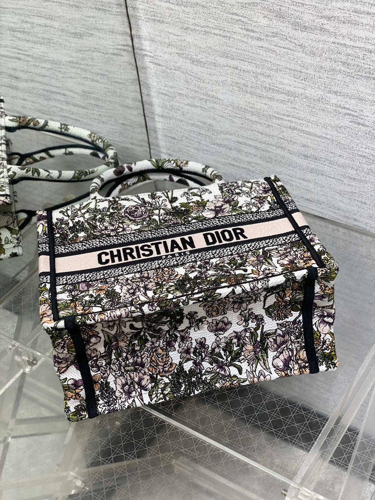 CD Small Dior Book Tote Full Floral Motif White Pink Cotton
