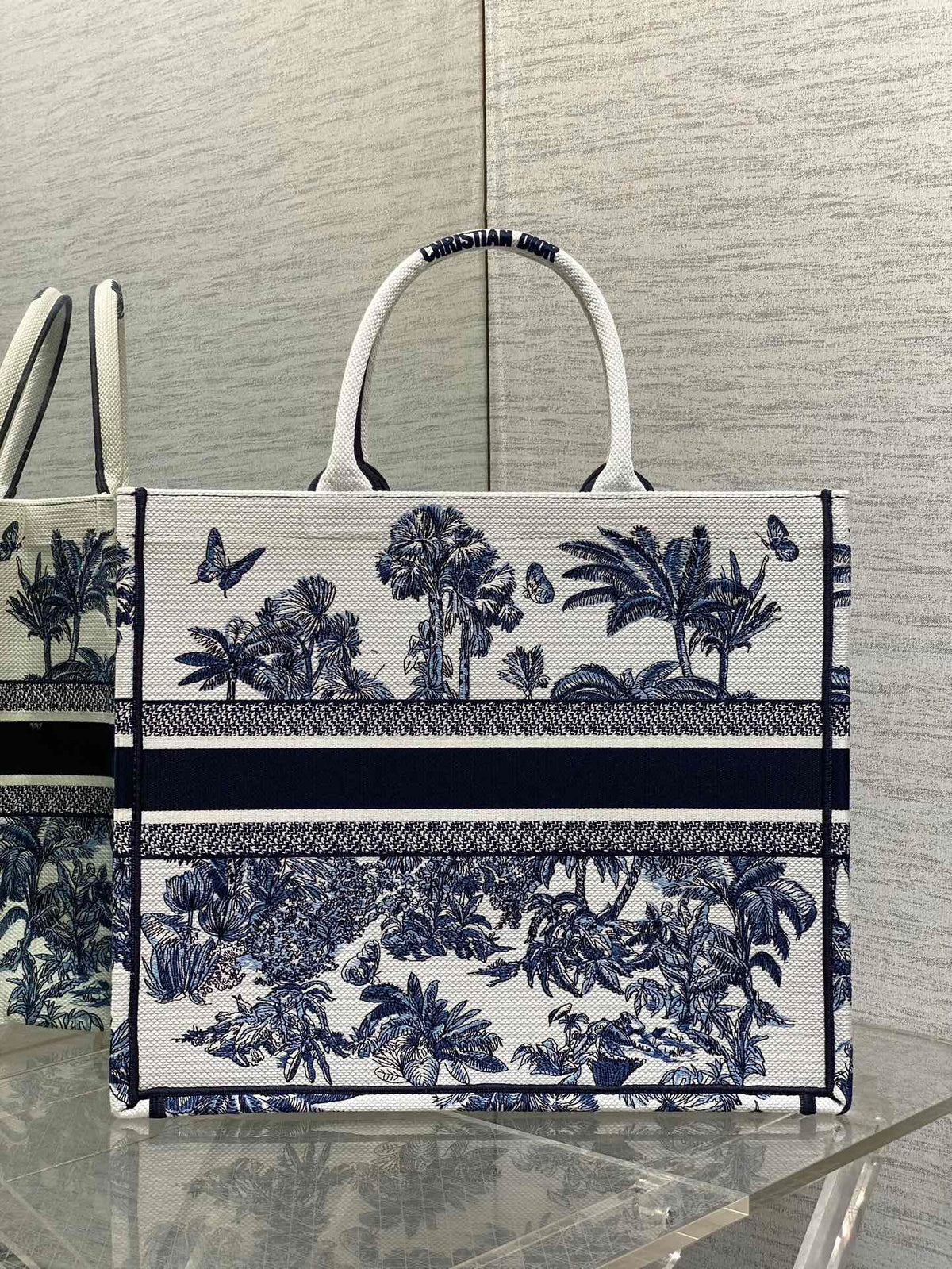 CD Larger Dior Book Tote Tropical Pattern Slate Blue White Black Cotton
