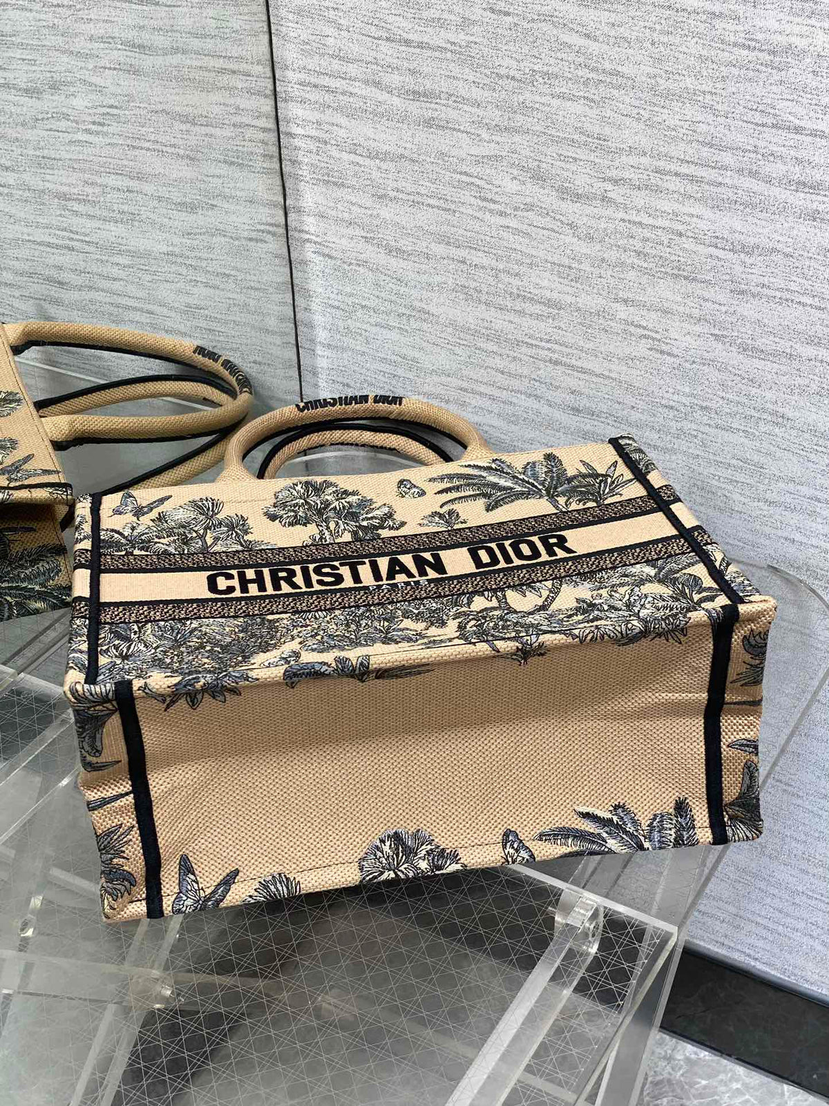 CD Medium Dior Book Tote Tropical Pattern Black Beige Cotton