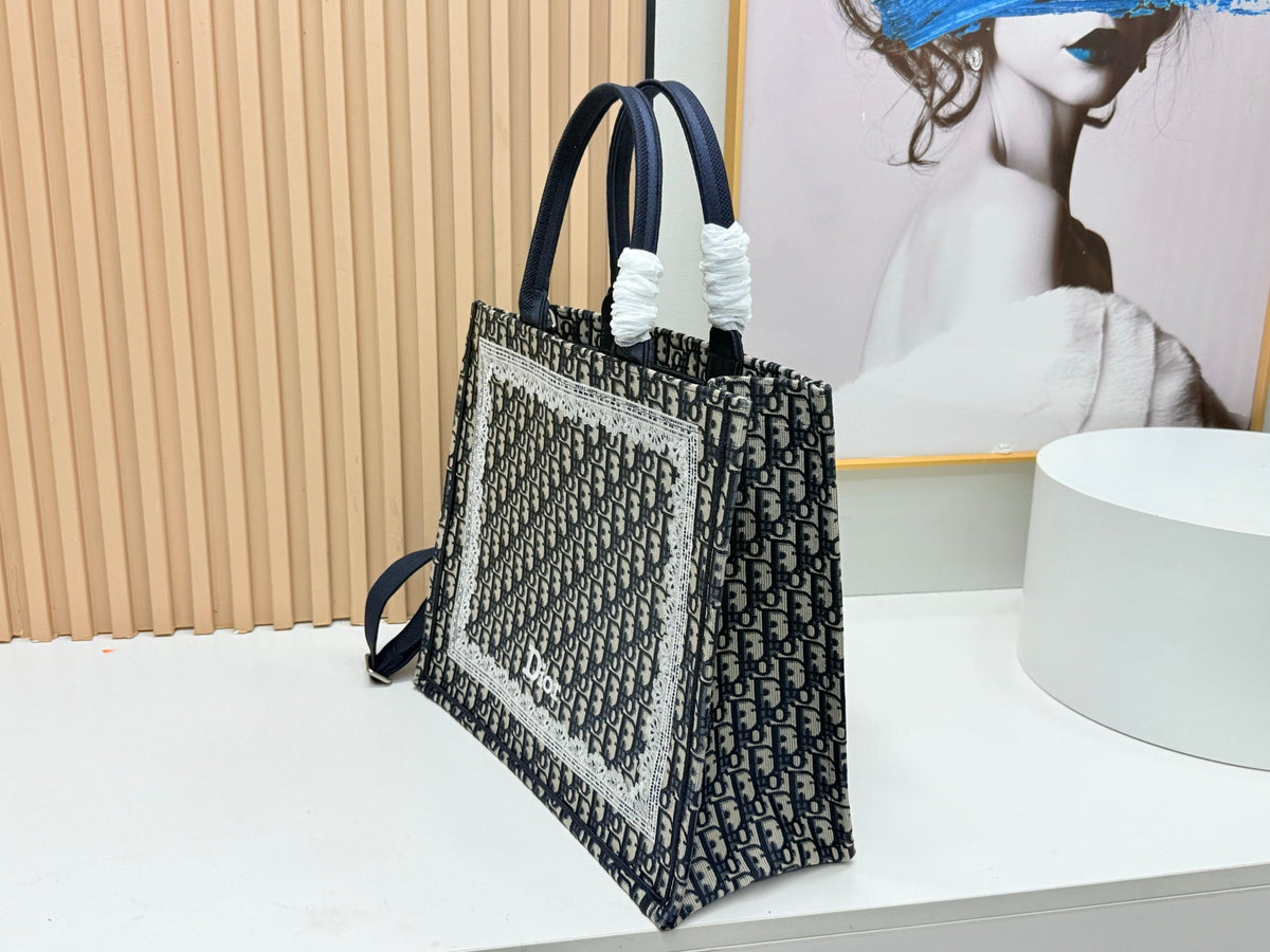 Dior Book Tote Blue Dior Oblique Embroidery and White Lace