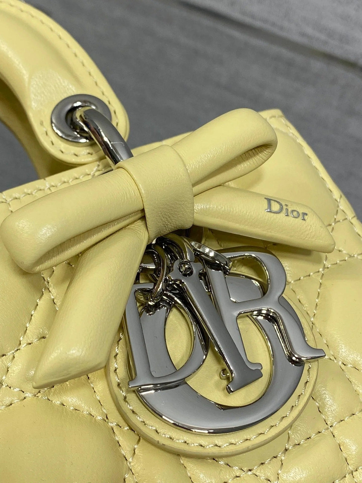 CD 2026 Bow Lady D-Joy 19cm Yellow Cannage Lambskin With Silver Charm 286561